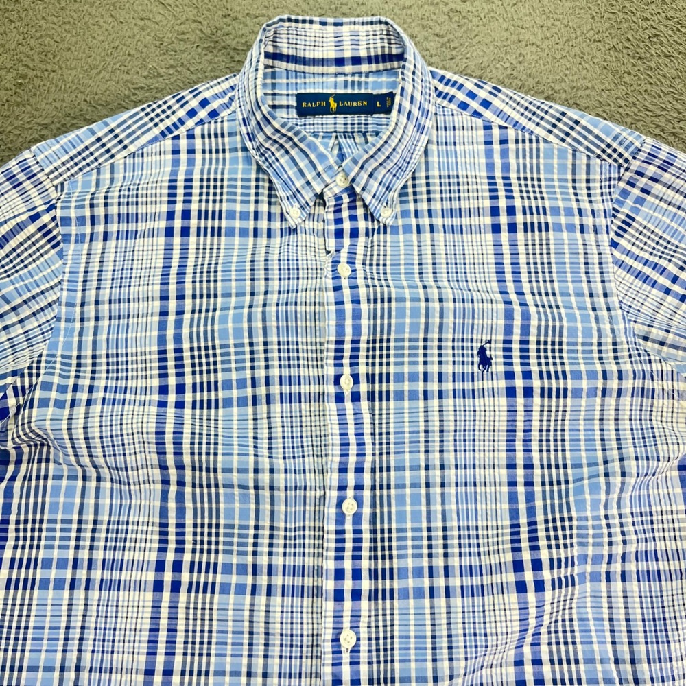 Ralph Lauren Short Sleeve Plaid Button Down Shirt Men Size L Blue White